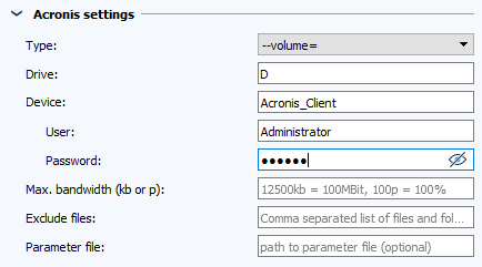 Image: Job configuration, Acronis settings section