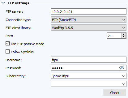 Image: Job Configuration, section: FTP Settings
