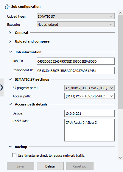Image: Job Configuration, sections SIMATIC S7 Settings and Access Path Details