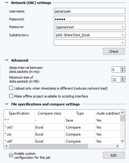 Image: Job configuration, sections Network (UNC) Settings and Advanced