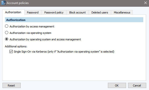 Image: Account policies dialog, Authorization tab