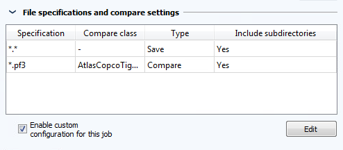 Image: Job configuration, File specifications and compare settings section
