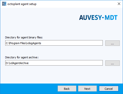 Image: Installation wizard, specifying paths program files and AgentArchive