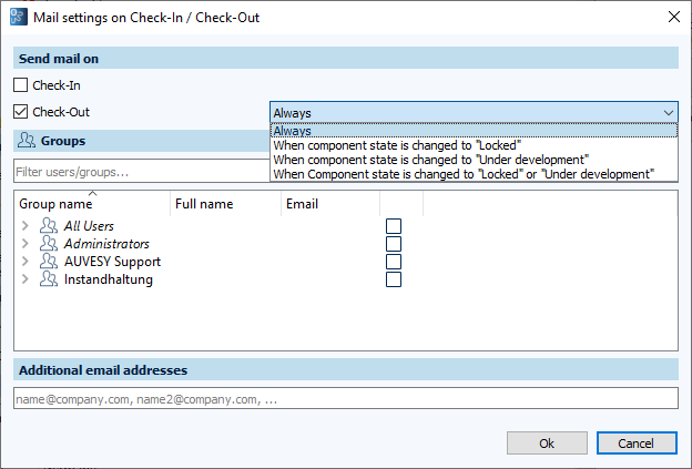 Image: Dialog E-mail settings for Check-In / Check-Out